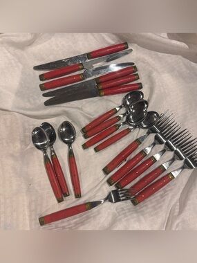 Vintage Stainless Steel Flatware Set  Made In Japan Brass Accents Set For 6